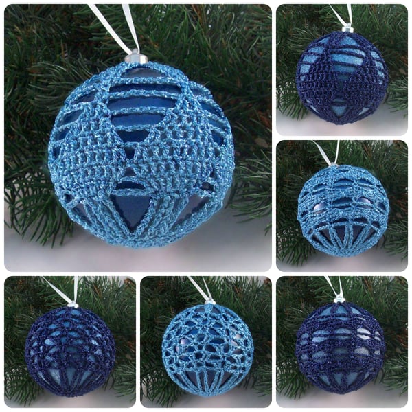Christmas baubles boxed set of 6 large decorated with crochet lace (A29)