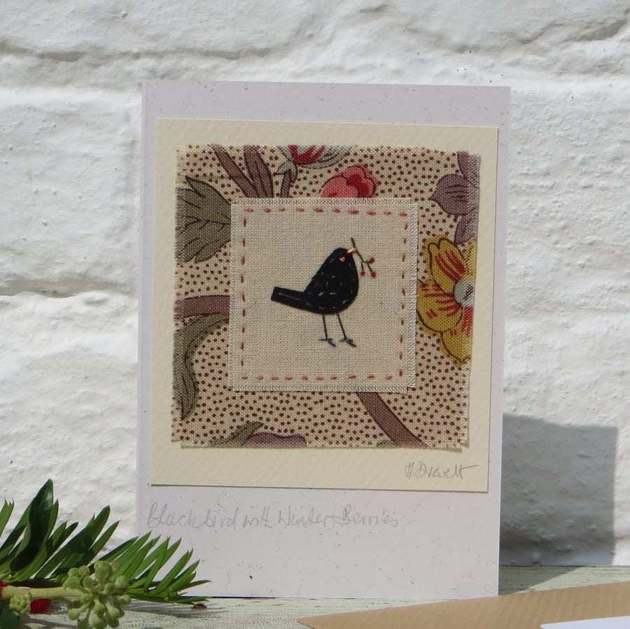 Blackbird with Winter Berries hand-stitched card for any winter occasion!