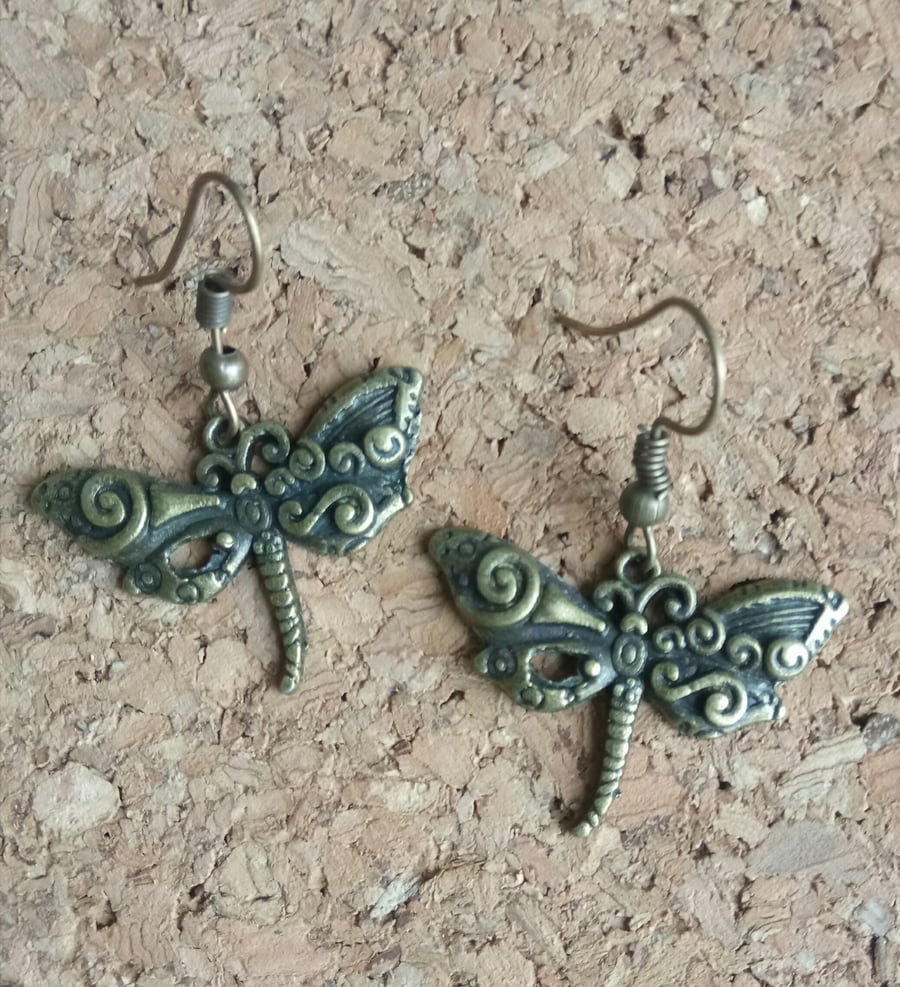  Antique Gold Style Dragonfly Earrings
