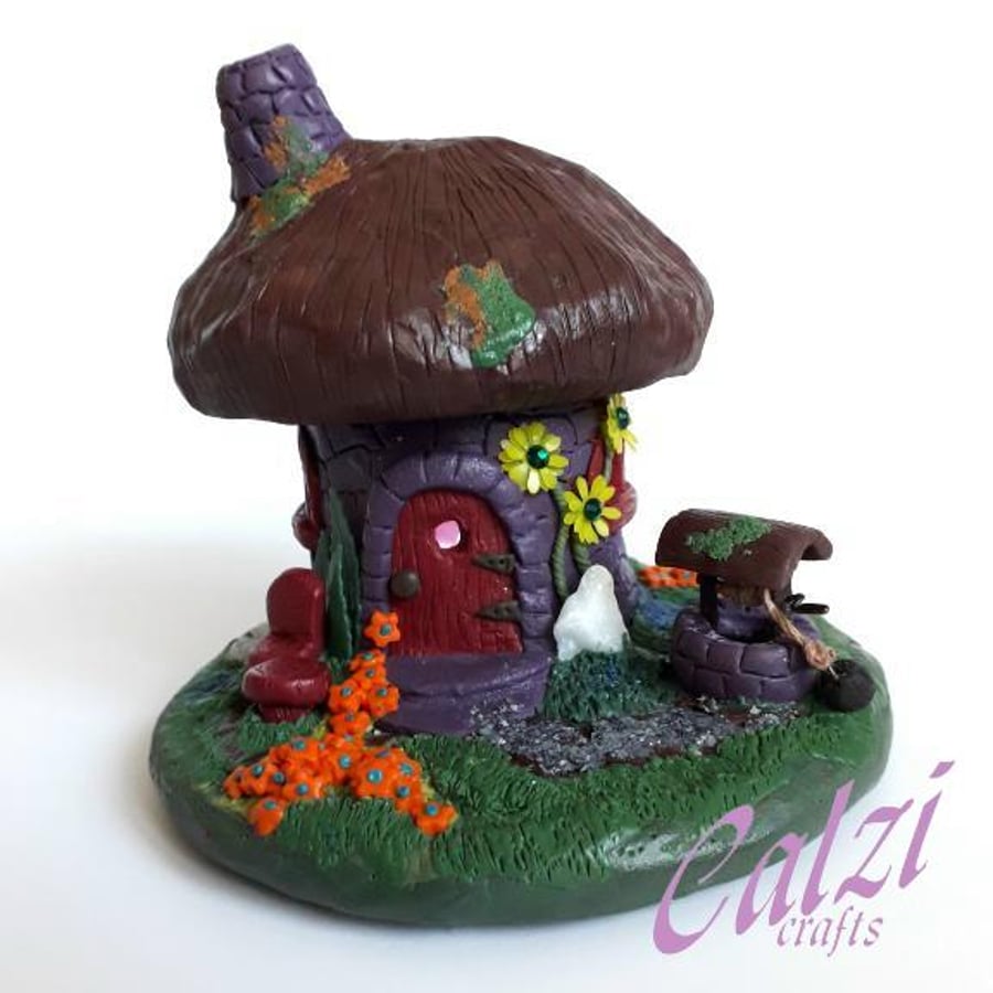 Polymer clay Purple Fairy Cottage With Light