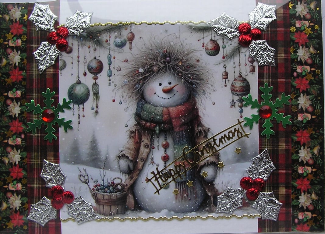 Hand Crafted Decoupage Chistmas Card - Happy Christmas (3364) Rustic Snowman