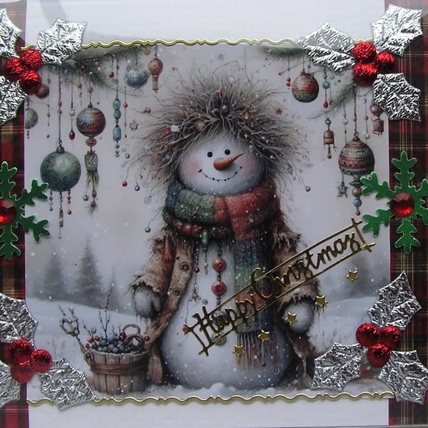 Hand Crafted Decoupage Chistmas Card - Happy Christmas (3364) Rustic Snowman