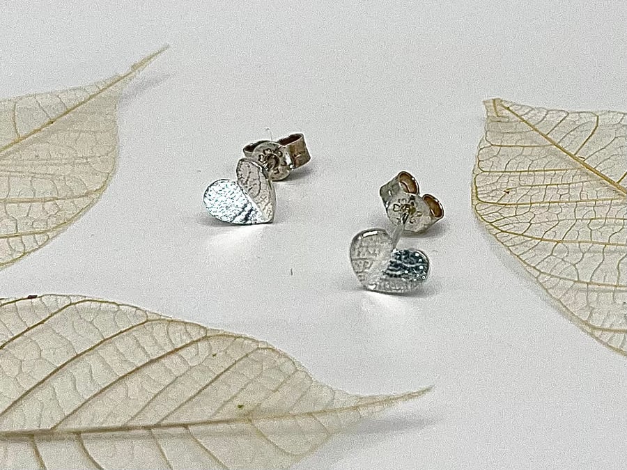 Heart Shaped Sterling Silver Leaf Print Stud Earrings