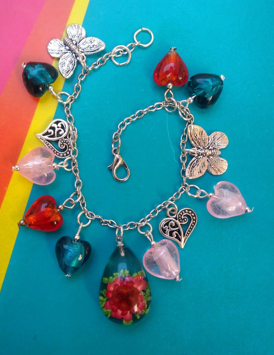 Charming Flowers, Hearts and Butterflies Bracelet
