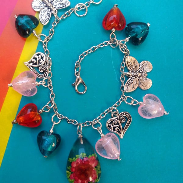 Charming Flowers, Hearts and Butterflies Bracelet