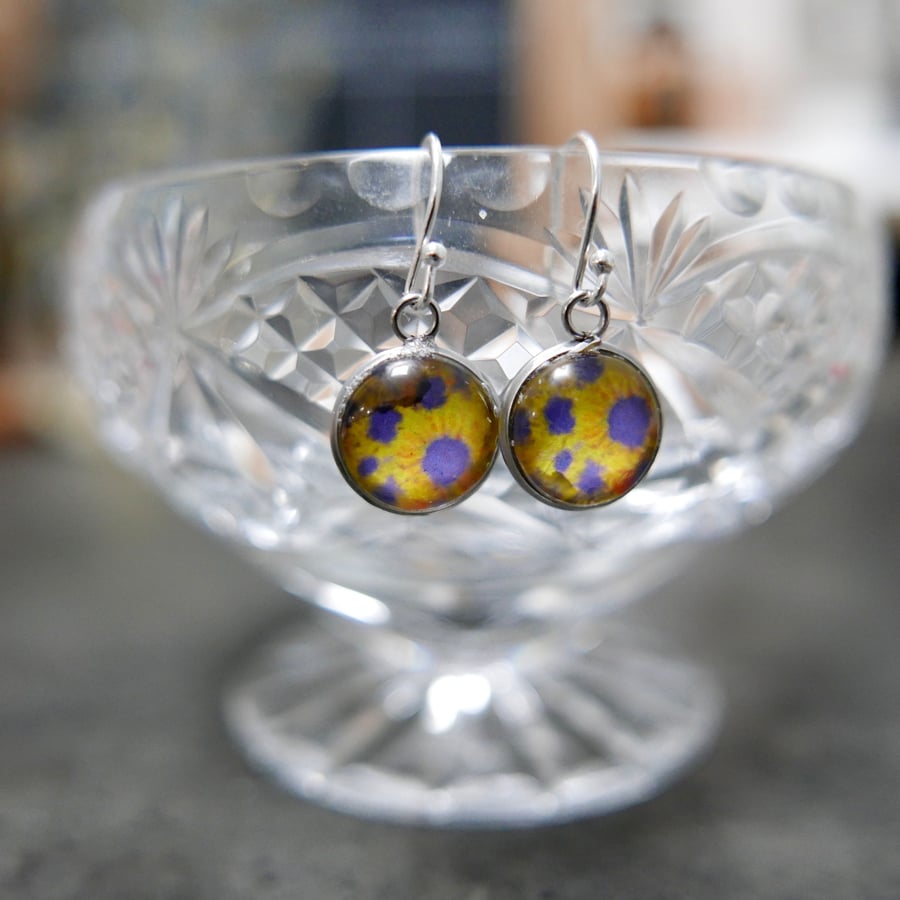 Sunflowers Dangle Earrings with Flower Art Print, Yellow Floral Jewellery 