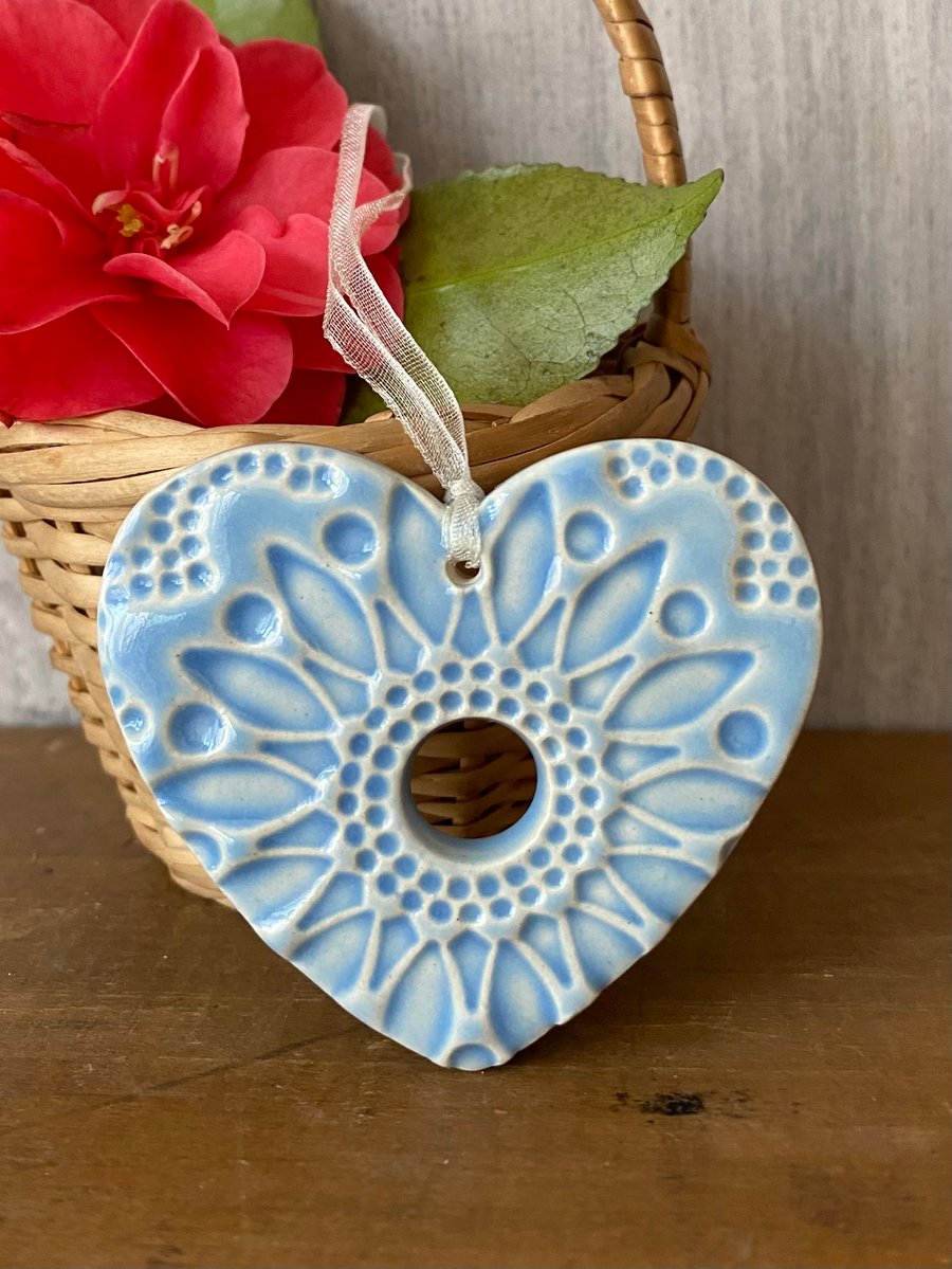 Small Pottery heart decoration baby blue