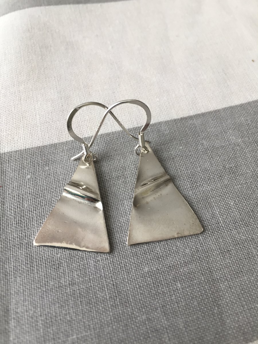 Triangle, fold formed recycled silver earrings