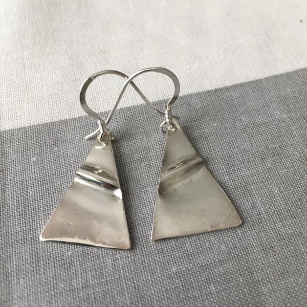Triangle, fold formed recycled silver earrings