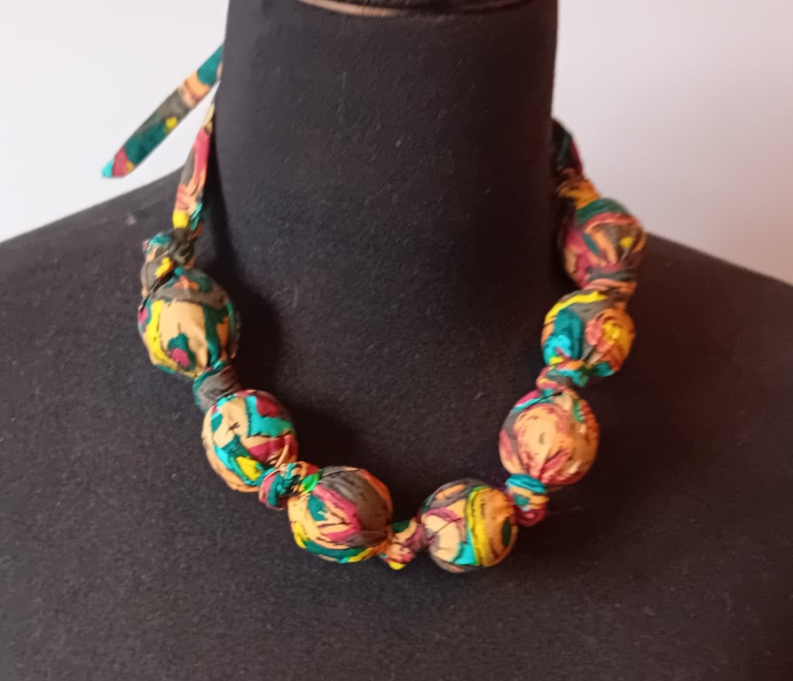 Multicoloured Abstract Vintage Fabric Bead Necklace