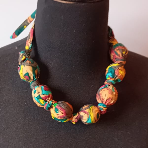Multicoloured Abstract Vintage Fabric Bead Necklace