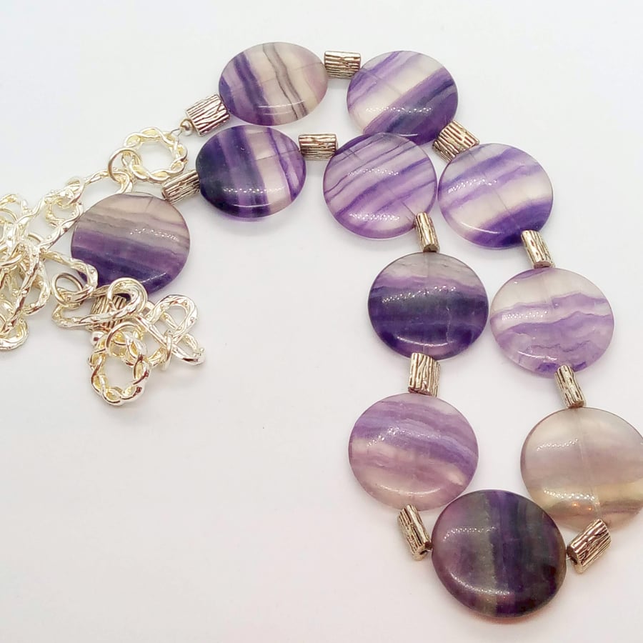 Long Line Necklace with Large Purple Fluorite Coin Beads On A Silver Chain