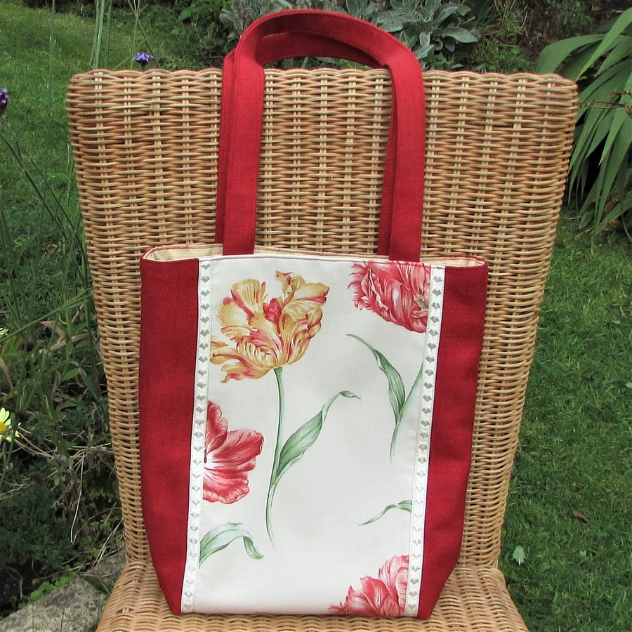 Red tote bag with floral panel featuring Parrot Tulips