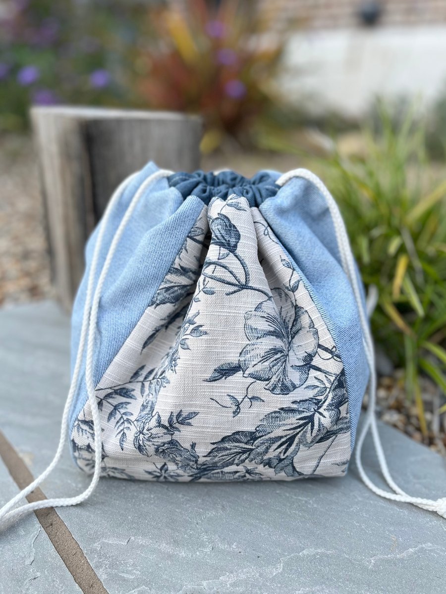 Dumpling drawstring bag -  reclaimed floral toile linen and reclaimed denim