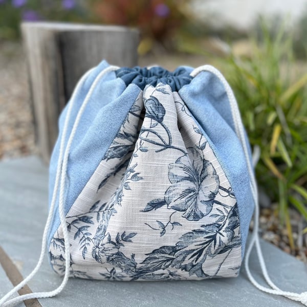 Dumpling drawstring bag -  reclaimed floral toile linen and reclaimed denim