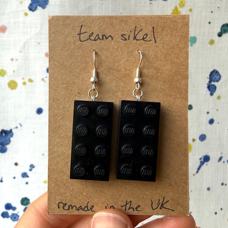 Upcycled Black 2x4 Lego Earrings - Silver Plate - Old Stock - Super Seconds