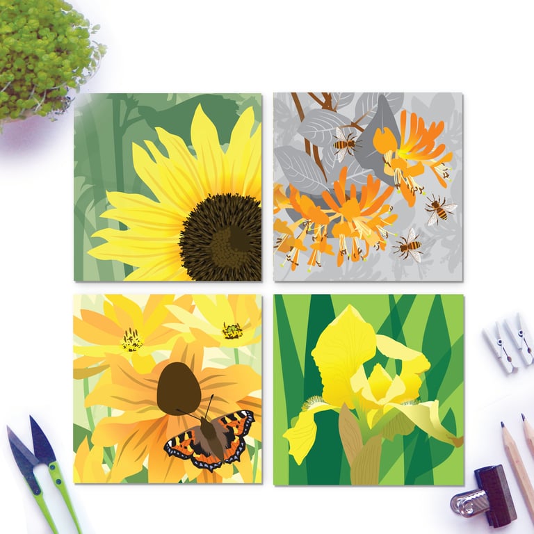 Yellow & Orange Flower Card Collection - Sunflower, Honeysuckle, Rudbeckia, Iris