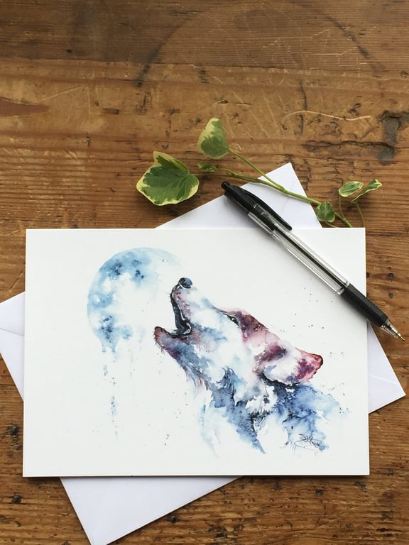 Howling Wolf Card, A5 blank greeting card with a watercolour wolf and moon.