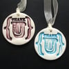 Two Thankyou tag style ceramic decorations