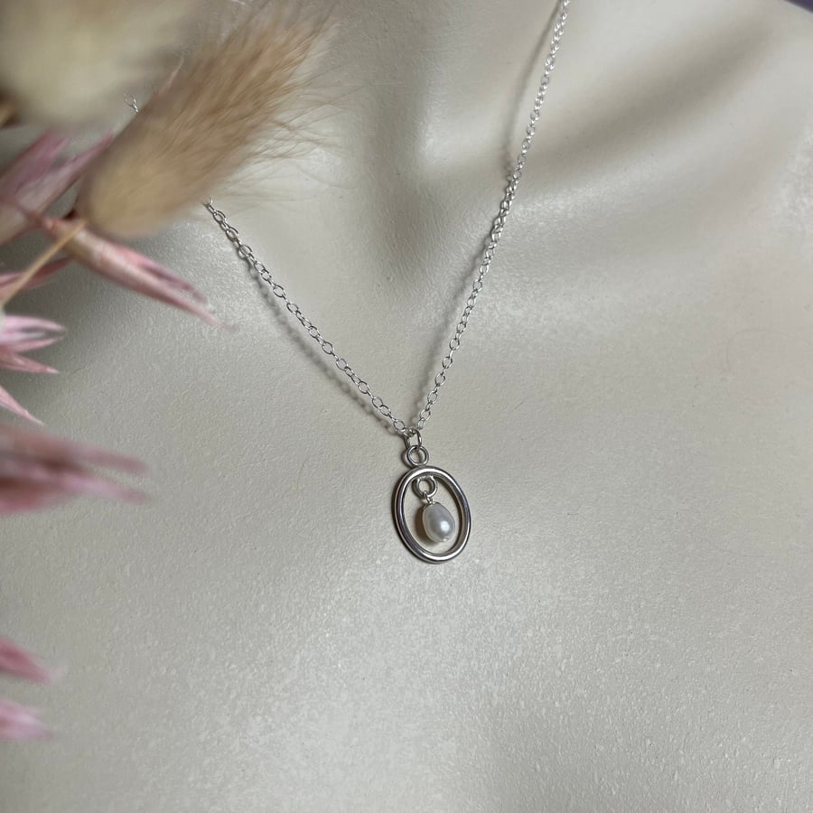 Oval Hoop Rice Pearl Pendant & 18" Trace Chain - Handmade, Sterling Silver 