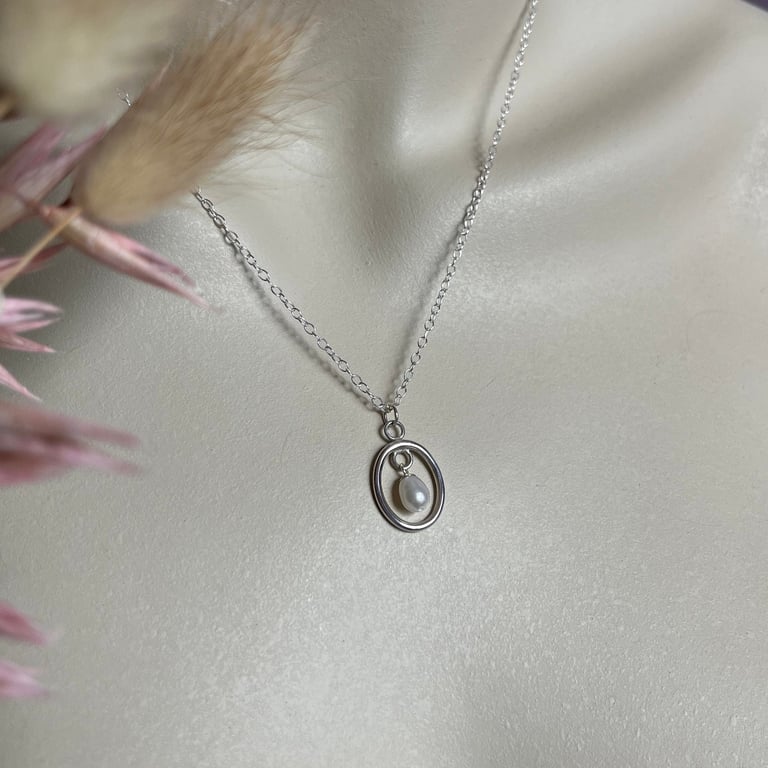 Oval Hoop Rice Pearl Pendant & 18" Trace Chain - Handmade, Sterling Silver 