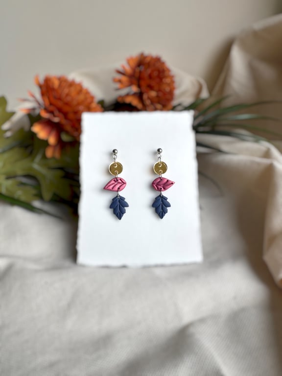 Navy & Shimmer Pink Botanical Elegant Autumn Leaf Earrings