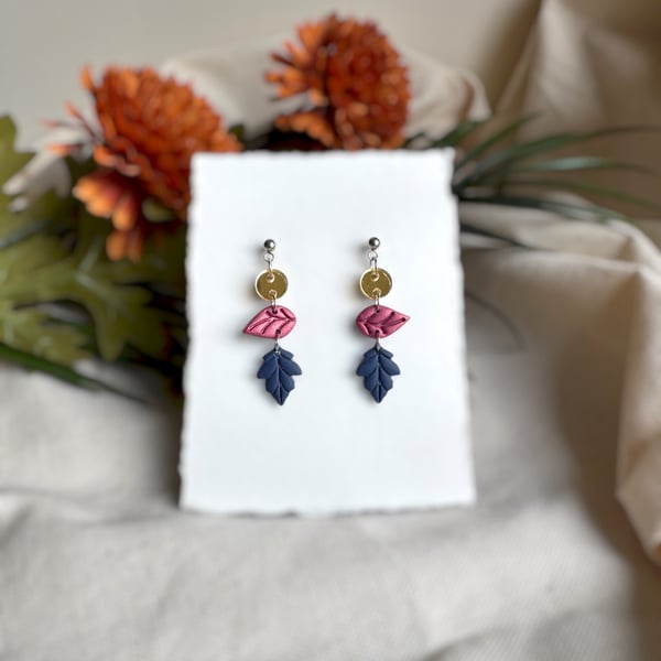 Navy & Shimmer Pink Botanical Elegant Autumn Leaf Earrings