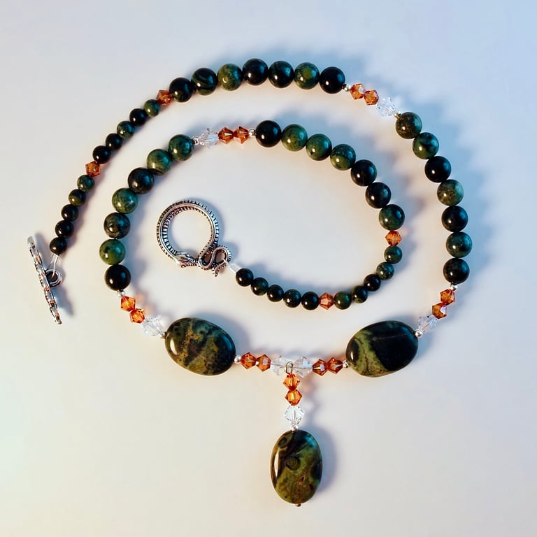 Green Kambaba Jasper Necklace With Orange Swarovski Crystals - Handmade In Devon