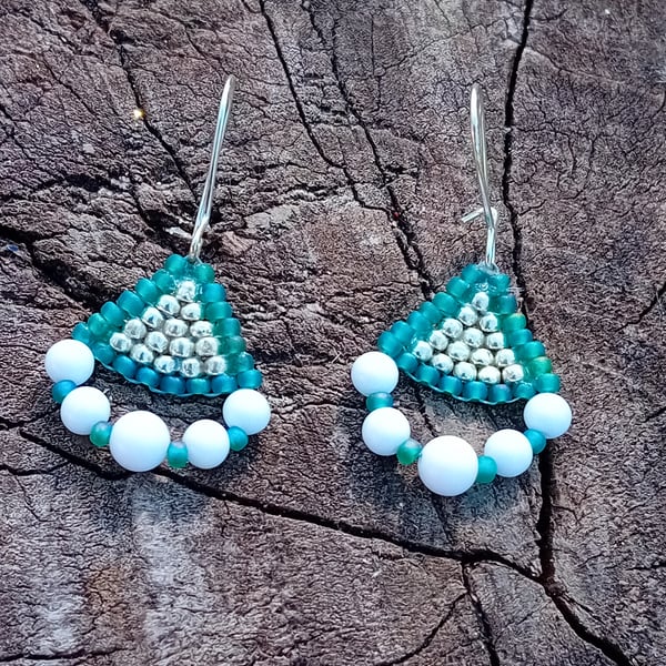 Turquoise and white tribal triangle dangle earrings