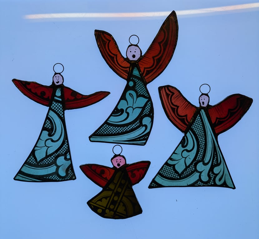 Crazy stained glass painted  angels with extra painted wings