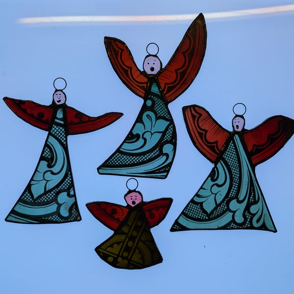 Crazy stained glass painted  angels with extra painted wings