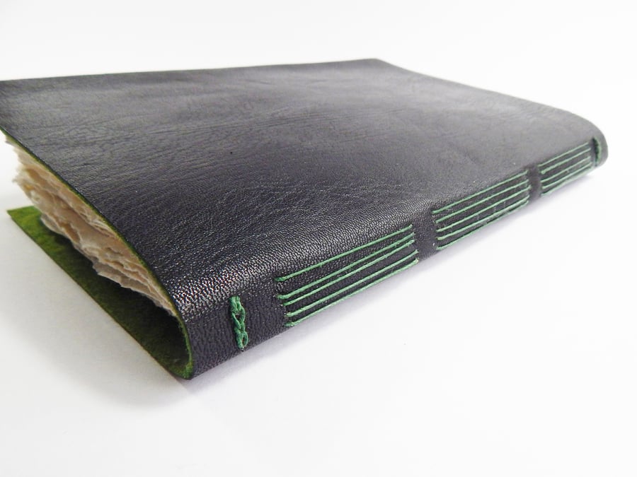 Black Leather Sketchbook, Art Journal - Green Felt & Hand Made Khadi Paper pages