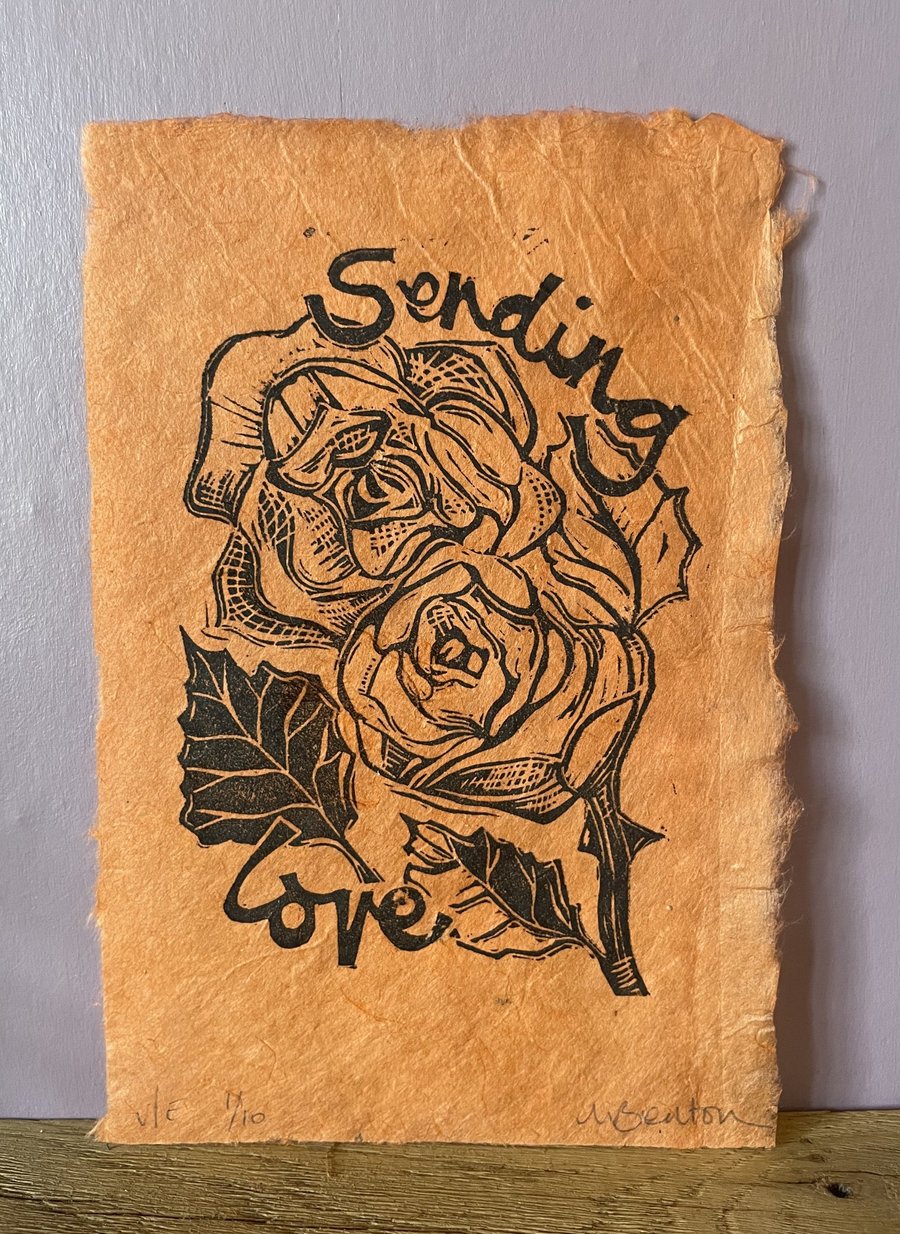 'Sending Love', Linocut Print on Coral Lokta Paper