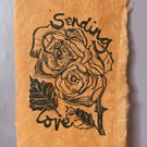 'Sending Love', Linocut Print on Coral Lokta Paper