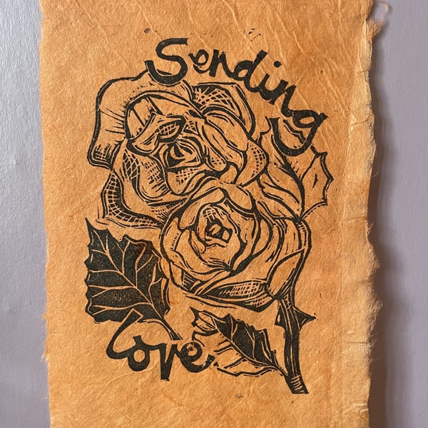 'Sending Love', Linocut Print on Coral Lokta Paper