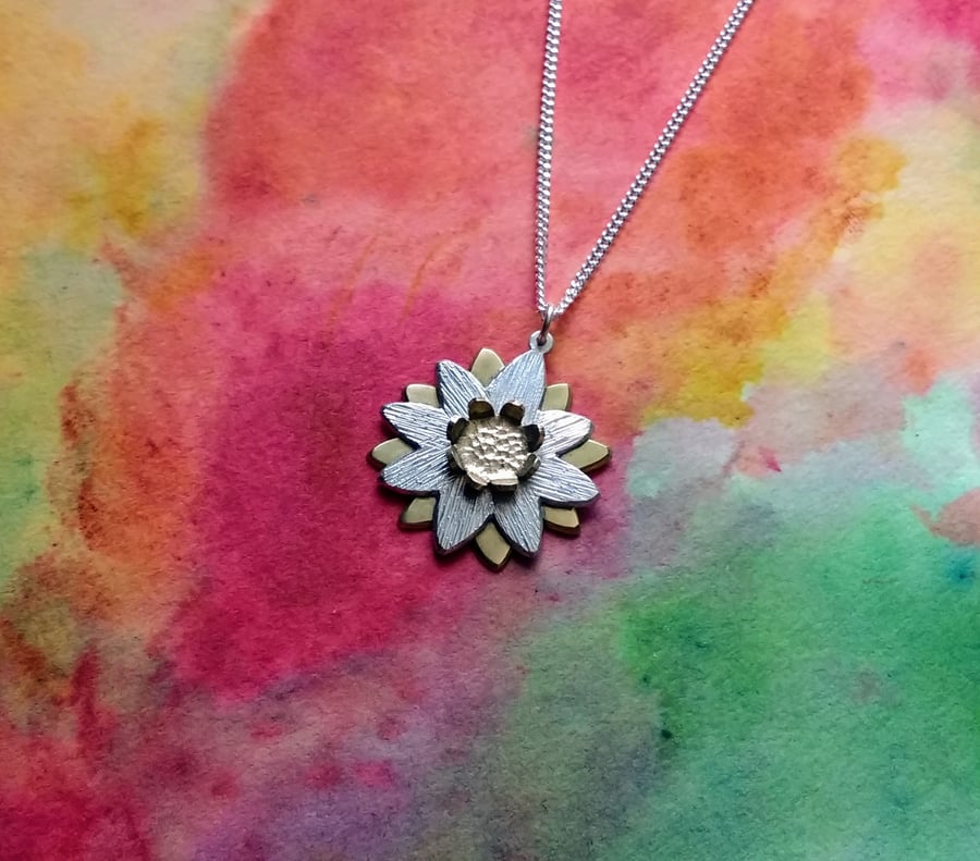Silver & Brass Double Daisy Flower Pendant, 16" Silver Curb Chain