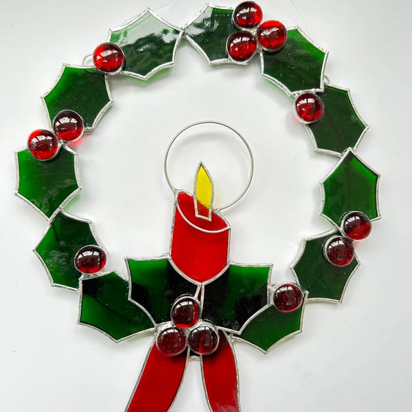Stained Glass Holly Wreath with Candle - Handmade Window Decoration - Dark Green