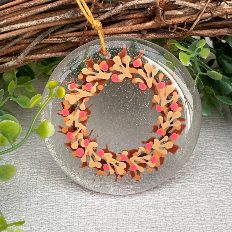 Autumn Wreath - hand painted fused glass decoration 