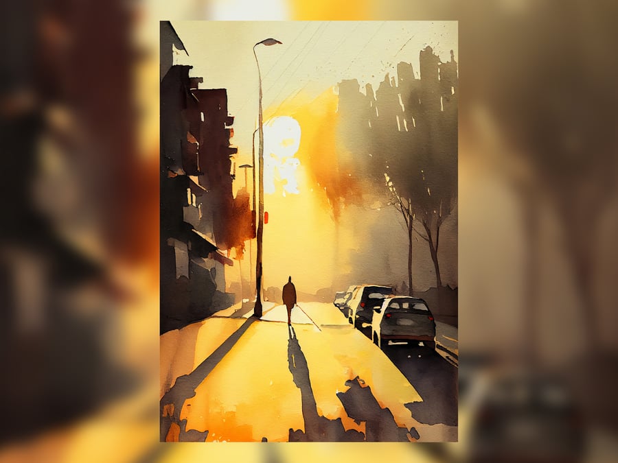 Sunrise Over Urban Scene, Man Walking Long Shadows Watercolor Painting Print 5x7