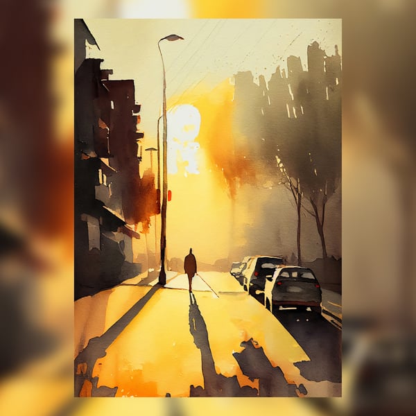 Sunrise Over Urban Scene, Man Walking Long Shadows Watercolor Painting Print 5x7