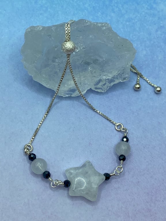 Silver plated slider bracelet with white quartz star and black spinel stones