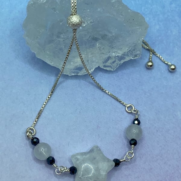 Silver plated slider bracelet with white quartz star and black spinel stones
