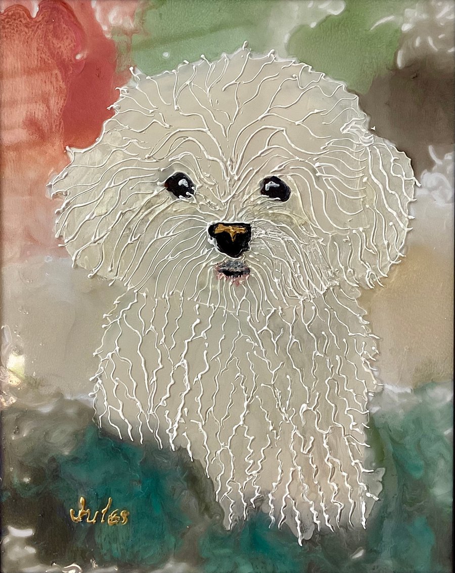 original painting white dog green pink blue textured abstract glass art 