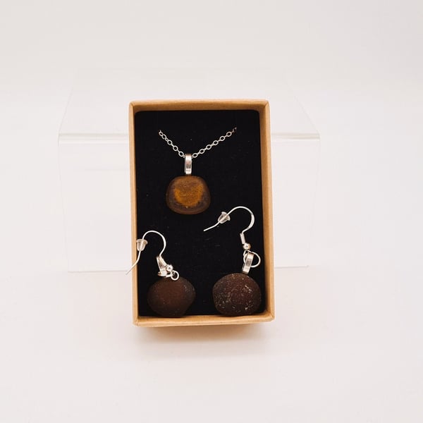 Brown Sea Glass Jewelry Set Sterling Silver Necklace and Earrings