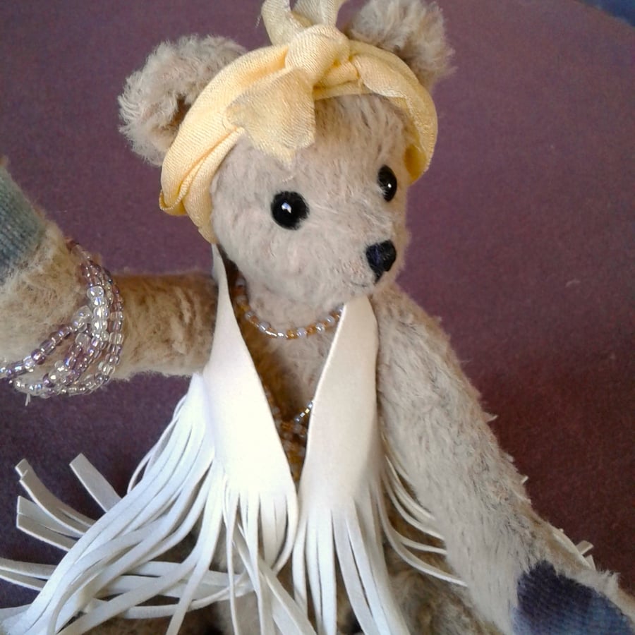 Collectable bear Luna 10 " jointed 'hippy character' with fringed waistcoat