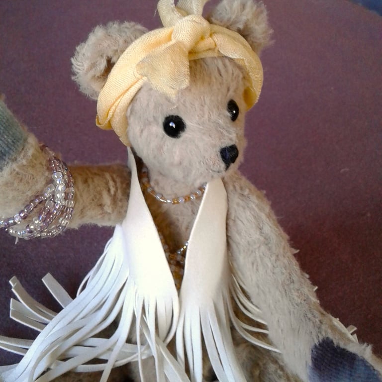 Collectable bear Luna 10 " jointed 'hippy character' with fringed waistcoat