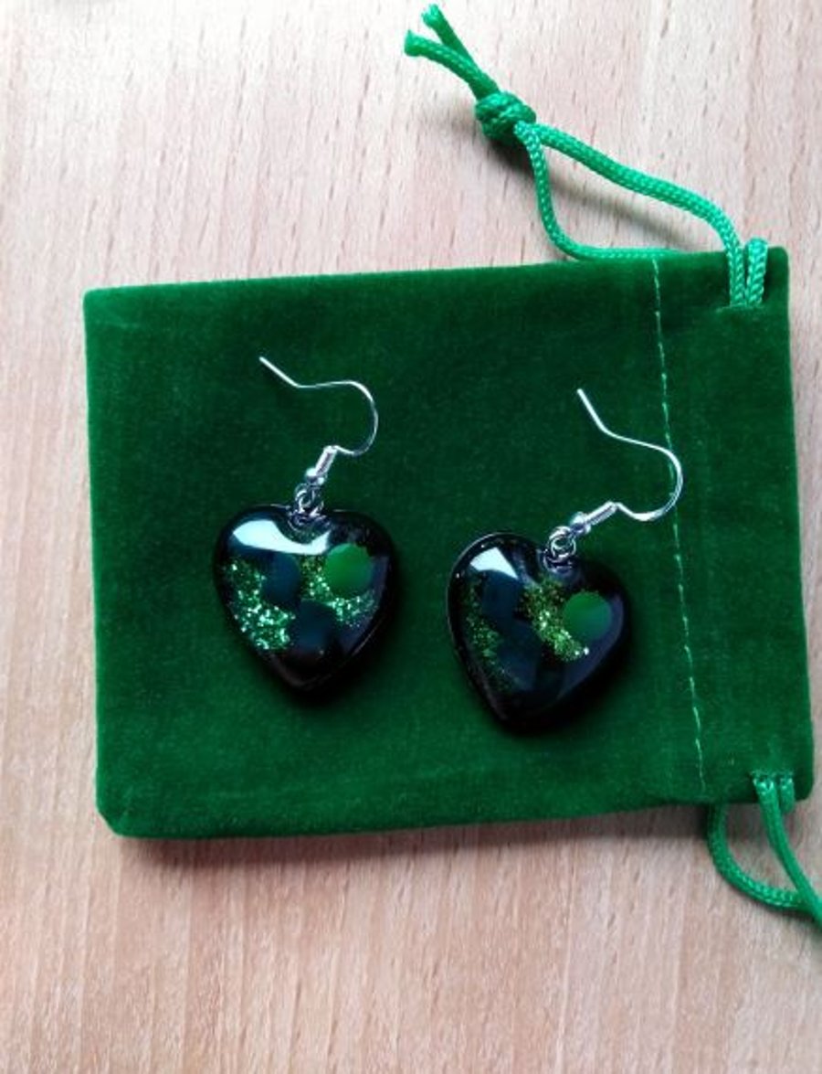 Beautiful handmade resin green heart earrings
