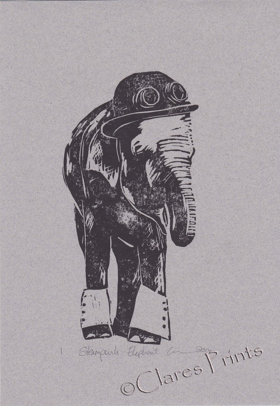 Steampunk Elephant Open Edition Hand-Pulled Linocut Print 