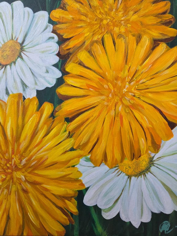 Dandelions and Daisies Acrylic Painting 