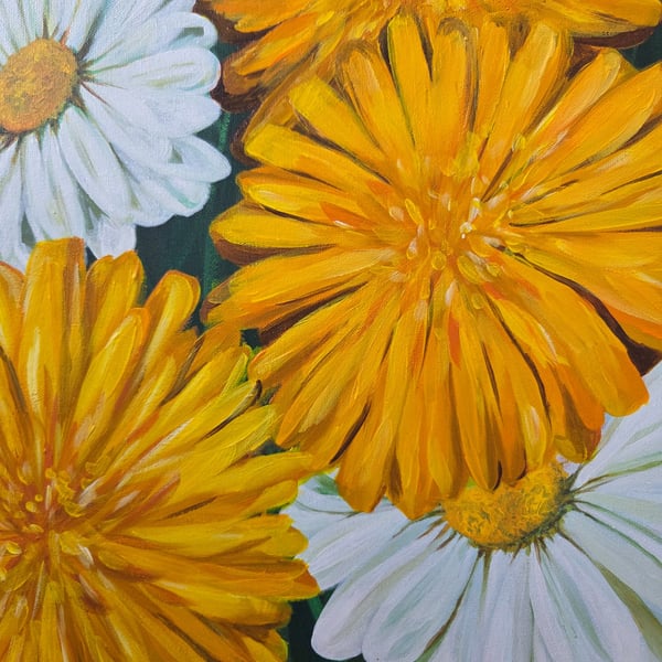 Dandelions and Daisies Acrylic Painting 